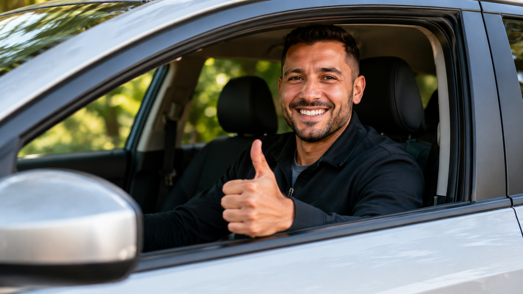 Smiling rideshare driver giving a thumbs up from the window of a rental car